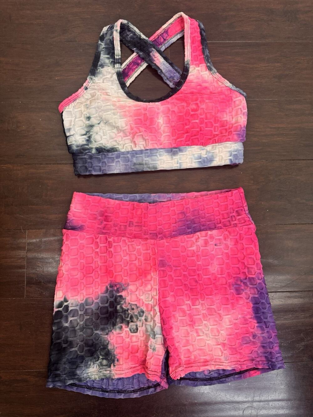 AQ-SPORT 2 Pc Matching Workout Set Sports Bra Biker Shorts Tie Dye Honeycomb M